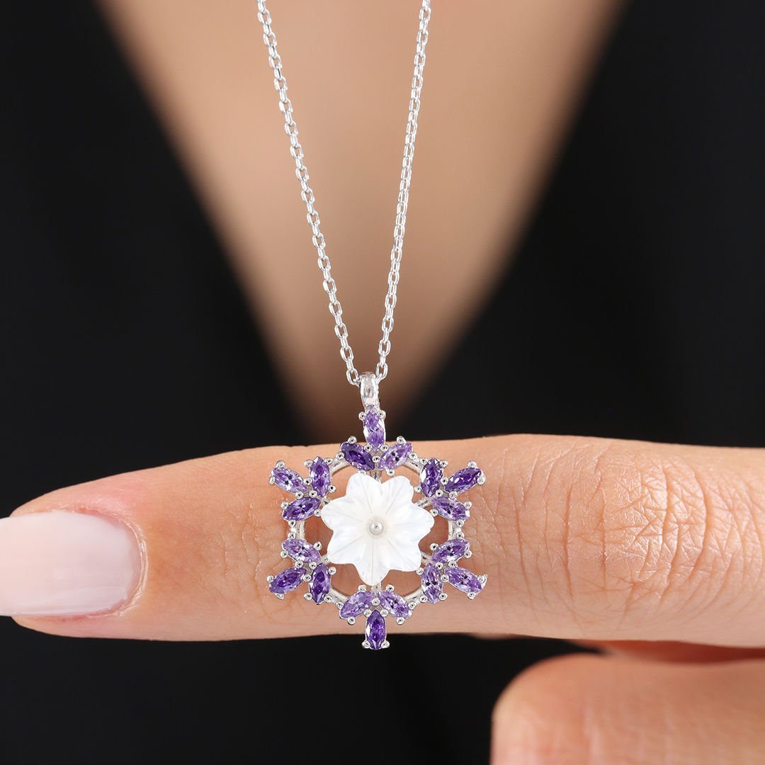 Amethyst Crystal Snowflake Rose Gold / Silver Flowers 925 Sterling Silver Necklace